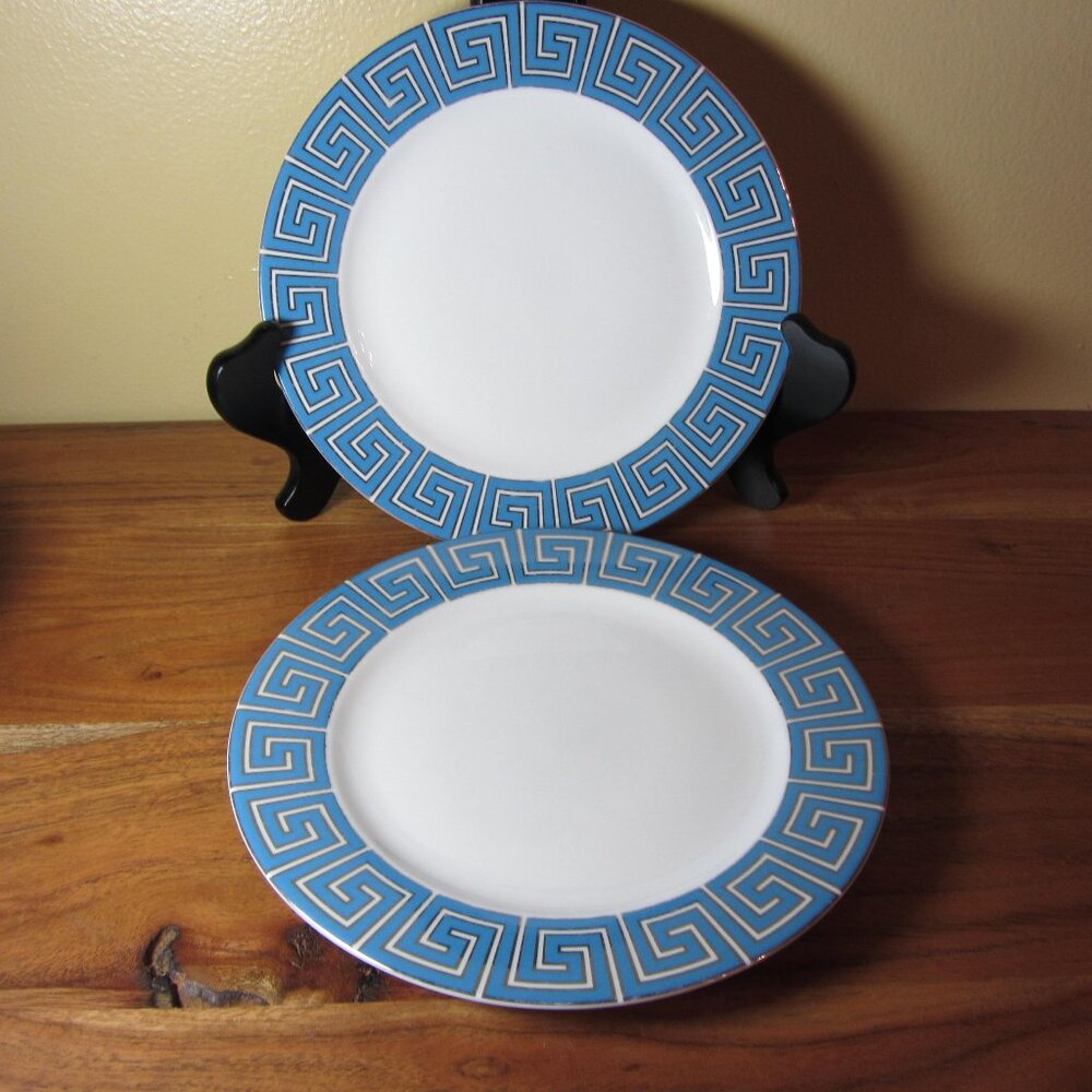 Jonathan Adler silver & blue greek key salad plates - pair of 2 (W5107)